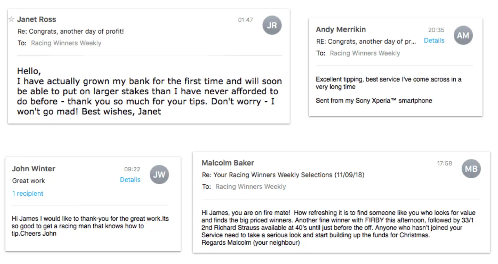 Racing Winners Weekly testimonial section 2