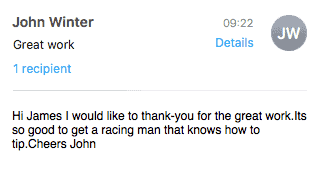 Racing Winners Weekly testimonial mobile 4