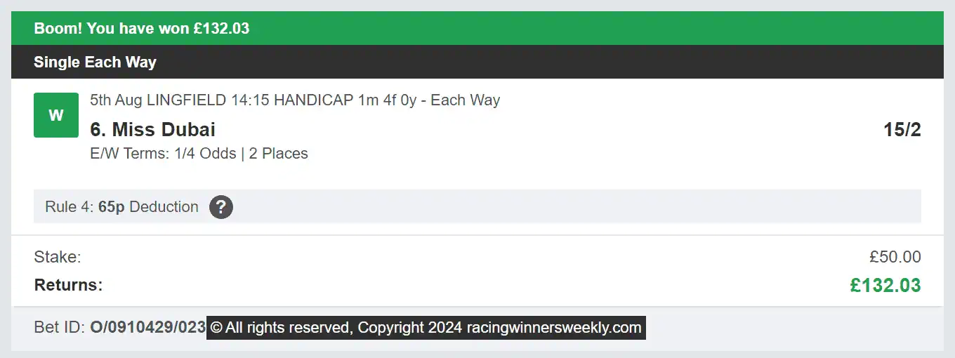 Racing Winners Weekly - Winner 1 - 2024-08-05