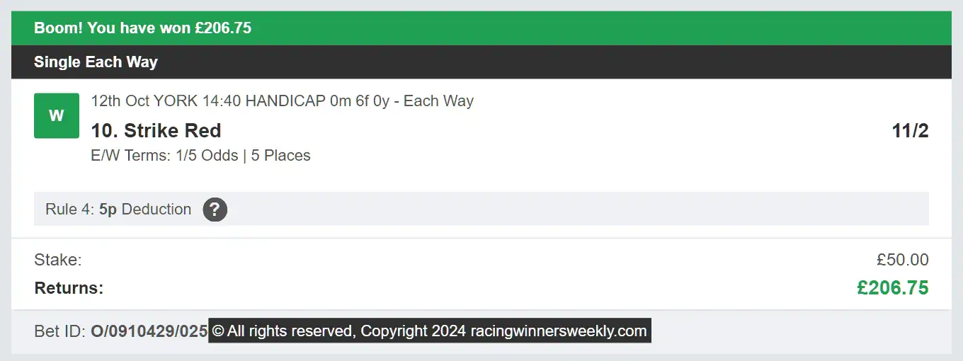 Racing Winners Weekly - Winner 1 - 2024-10-12